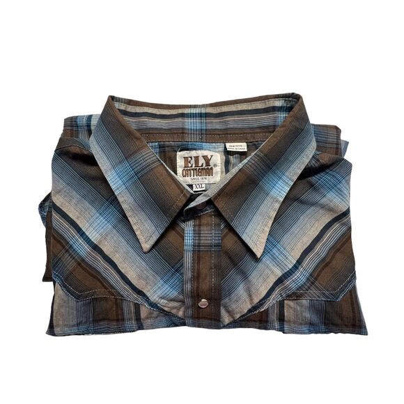 VTG Ely Cattleman Mens Shirt 2XL Plaid Brown Blue LS Pearl Snap Collared Western - Picture 2 of 11